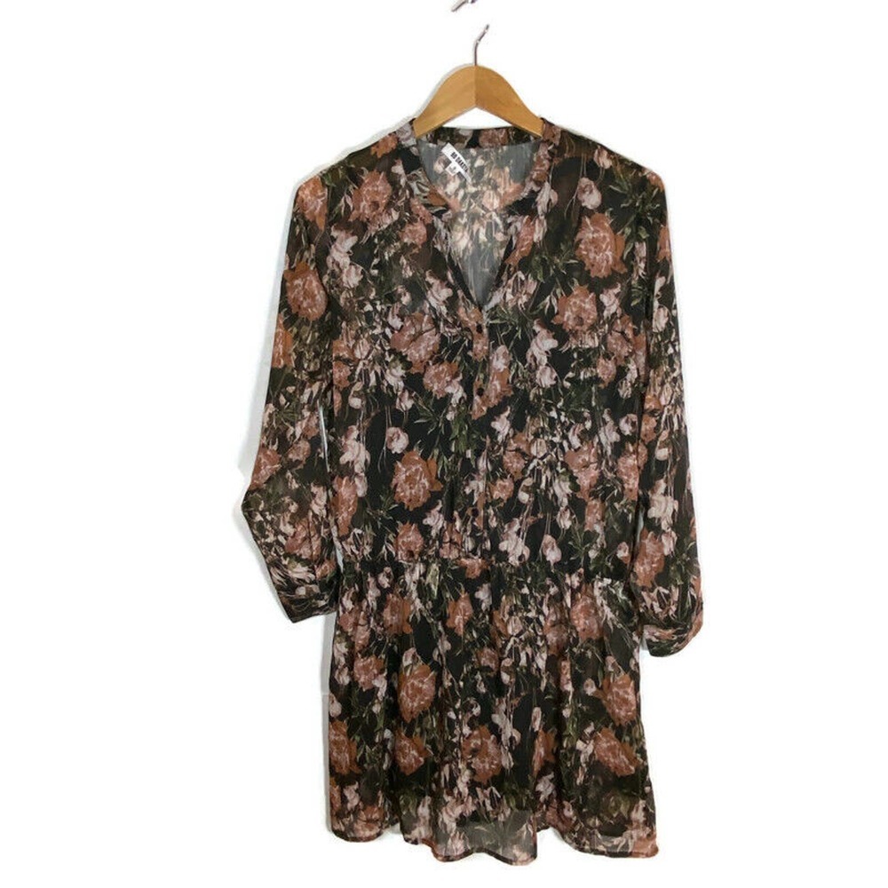 BB Dakota Dress Size Small Gauzy Sheer Lined Mandarin V-Neck Black Floral Boho